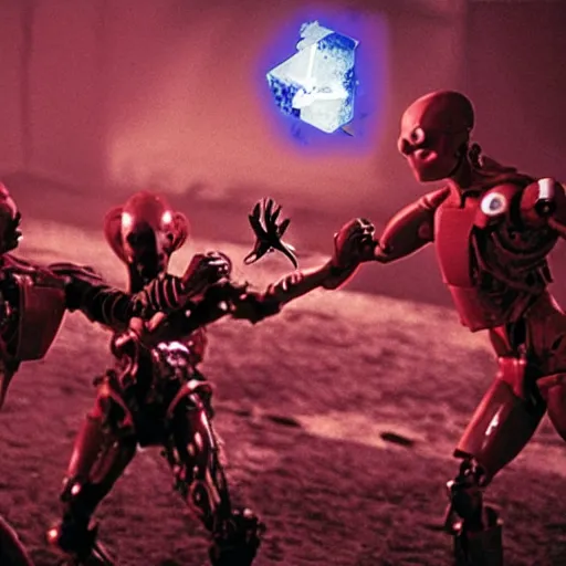 Image similar to cenobites fighting a sentient cube cyborg. Dark biohazard facility lit by glowing plutonium. Horror film photograph.