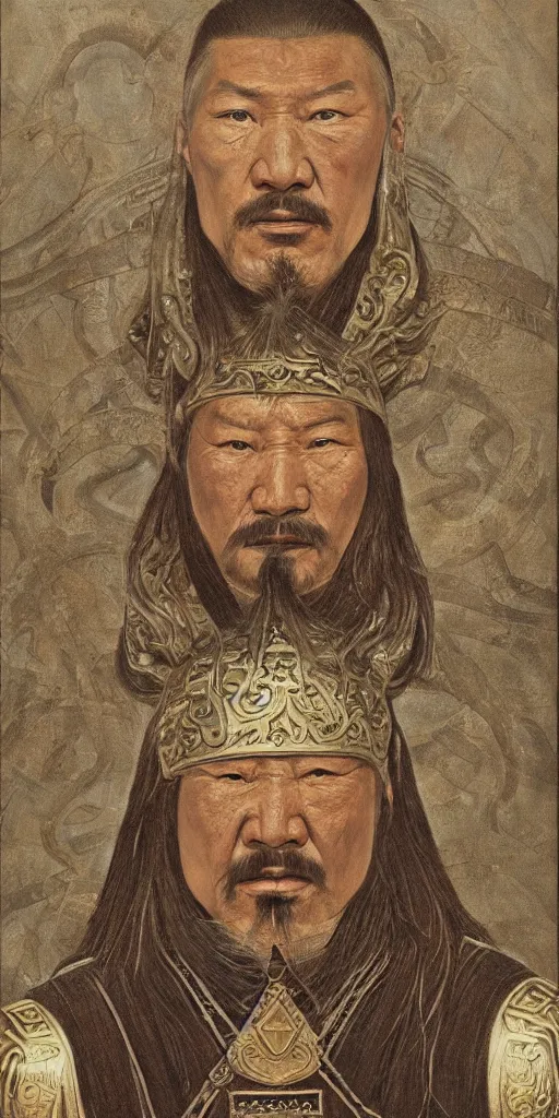 Prompt: a stunning and noble highly detailed portrait of genghis khan by h. r. giger, trending on artstation, oil painting masterpiece, symmetry, mysterious, very very very aesthetic