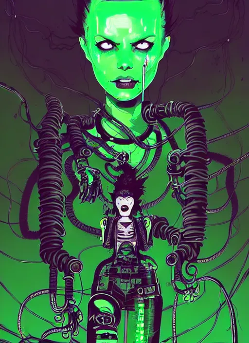 Image similar to highly detailed portrait of an angry wasteland punk long dripping green poison hair tribal android lady, stray wiring by atey ghailan, james gilleard, by joe fenton, by greg rutkowski, by greg tocchini, by kaethe butcher, 4 k resolution, gradient purple, brown black and white color scheme!!! ( ( green flaming robotic sewer background ) )