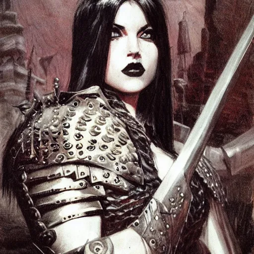 Image similar to portrait of a goth emo girl on steroids wearing armor and holding sword by frank fazetta, fantasy, barbarian