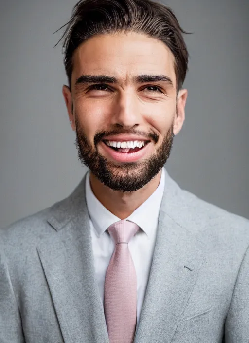 Image similar to a suturereal portrait of a man with a heavy look and a light smile, in a suit from raf jan simons, perfect facial proportions, smooth skin, bright background color, golden ratio, clear perspective, perfect composition, dramatic, 8 k