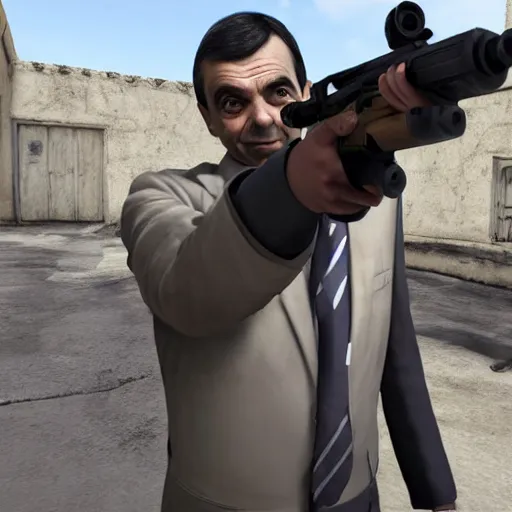 Prompt: mr bean holding an awp in dust 2, counter strike global offensive, videogame, 8 k, award winning