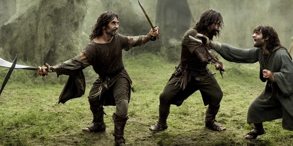 Image similar to rowan atkinson as aragorn fighting an orc, cinematic, high res, 4 k, realistic