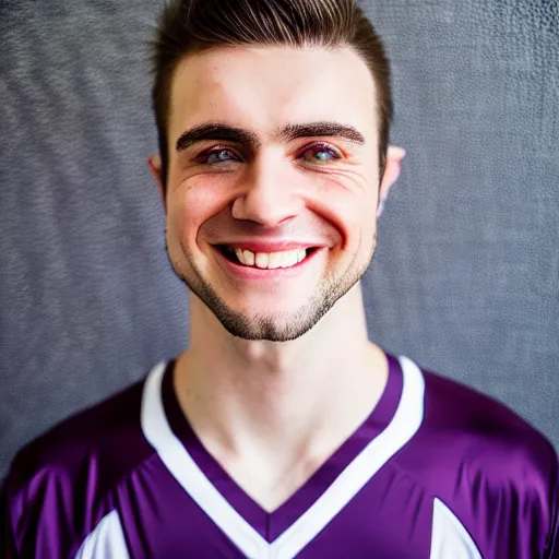 Image similar to a photographic portrait of a young Caucasian man smiling with short brown hair that sticks up in the front, blue eyes, groomed eyebrows, tapered hairline, sharp jawline, wearing a purple white volleyball jersey, sigma 85mm f/1.4, 15mm, 35mm, 4k, high resolution, 4k, 8k, hd, full color