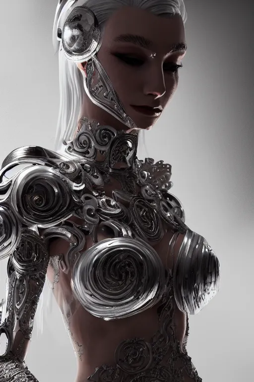 Image similar to white cyborg fashion shot, copper spiral decorations, white elegant baroque design, smooth heads, headshot half figure, photorealistic, 8k, hyper detailed, unreal engine, trending on artstation,