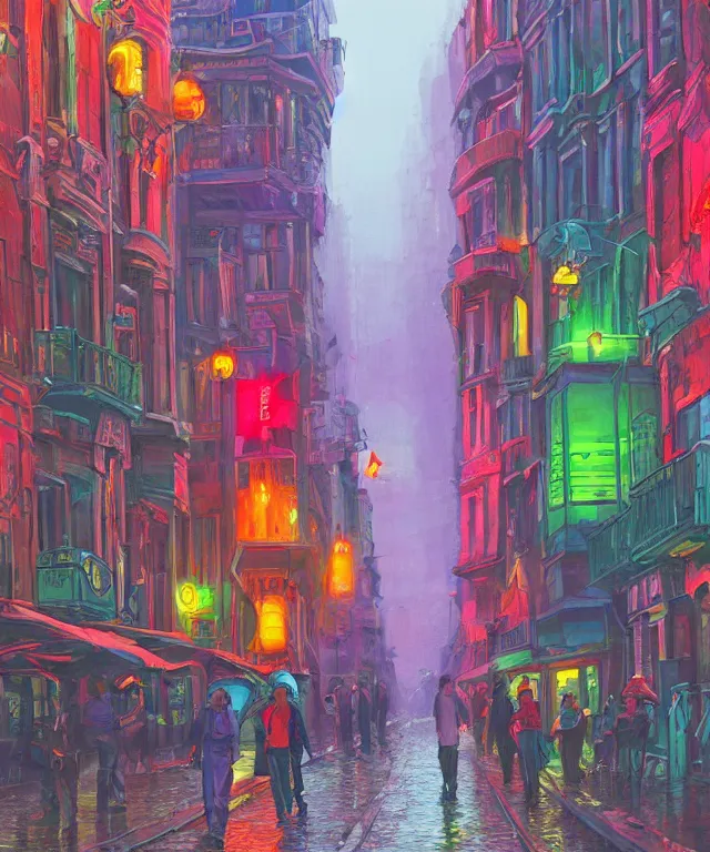 Image similar to insane perspective of colorful street sidevue from brussel with big red robot waiting, realistic shaded , humid ground, artstation, painting by moebius, disney fantasy style, people and creatures walking , volumetric light, neon lights, science fiction elements, lampposts, rainy mood