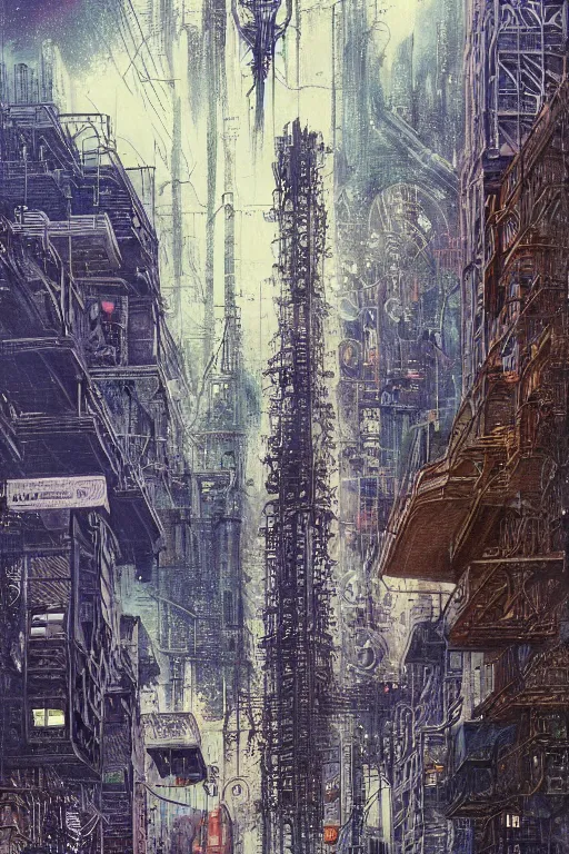 Prompt: A hyper-detailed, ultra-detailed, full-color photorealistic mixed media painting of a polluted futuristic cityscape with intricate, perfe4ctly symmetrical art nouveau infrastructure and architecture at night in the winter, bill sienkiewicz illustration with slight spraying from 1984, Travis Charest, Stephen Gammell