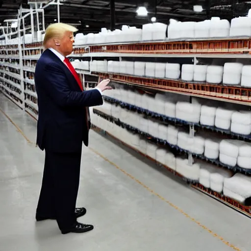 Image similar to donald trump inspecting quality of soap in a soap factory