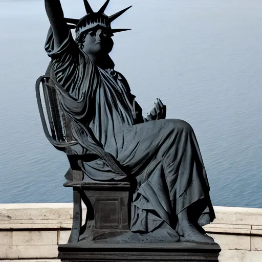 Image similar to liberty statue sitdown pose, very convincing , the best image