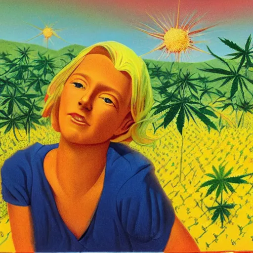 Image similar to beautiful blonde girl, field of marijuana, Children’s Drawing, Ink, Filmic, Warm Color Palette, HD, Bezier Curve, Hyperdodecahedron, Crepuscular Rays, by Agnes Lawrence Pelton, by Akihito Yoshida, by Dorothea Tanning