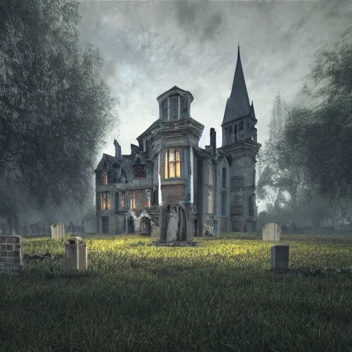 Prompt: photorealistic painting of a haunted mansion in the middle of a graveyard by Alfred Sisley and Canaletto, gloomy, rainy, dark, gothic, scary, octane render, 8k, award-winning, trending on artstation