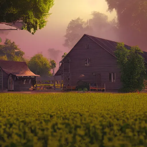 Image similar to country farm in the future, the image is like beautiful dream, 4k post-processing highly detailed, art station, unreal engine + cinematography by Wes Anderson, Wide angle shot, futuristic, volumetric light, Fuji film, intricate detail, hyperreal, hyperrealistic, 4K, Octane render, unreal engine cinematic, sublime atmosphere,