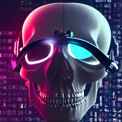 Image similar to a skull with a vr headset in a cyberpunk aesthetic, 4 k, with the exact word pixel written on the headset