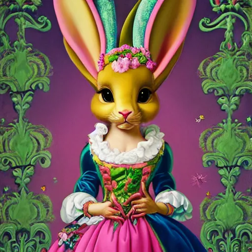 Prompt: baroque rococo pastel anthro rabbit prince Greg Hildebrandt Lisa frank portrait