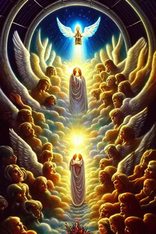 Prompt: a photorealistic detailed cinematic image of angels guiding a departed soul to god the father, crossing the ornate portal to the afterlife. met by friends and family, overjoyed, emotional by pinterest, david a. hardy, kinkade, lisa frank, wpa, public works mural, socialist