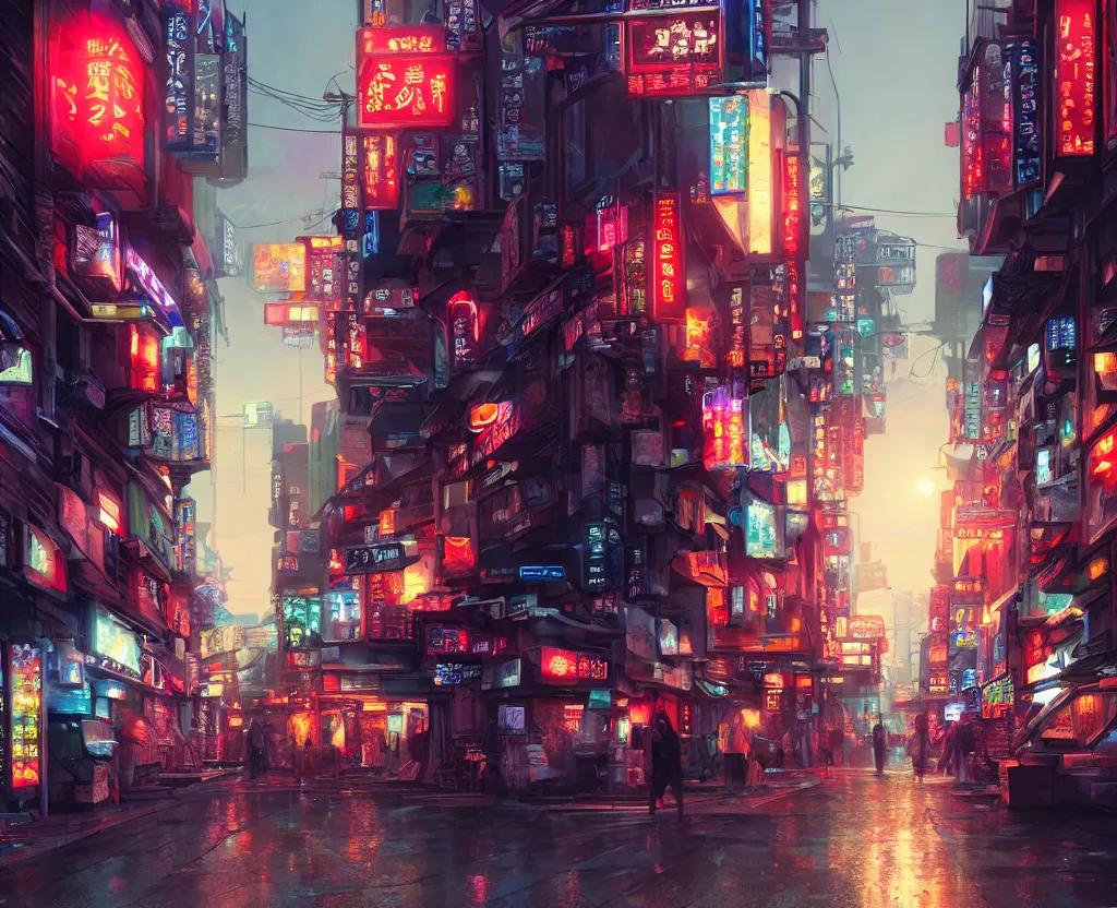 Prompt: three point perspective close wide angle shot of a matte painting environment design of Tokyo alley with neon lights and advertisements, artstation, ultra realistic, volumetric lighting, 4k, unreal engine, octane render, art by Artgerm and Greg Rutkowski and Alphonse Mucha