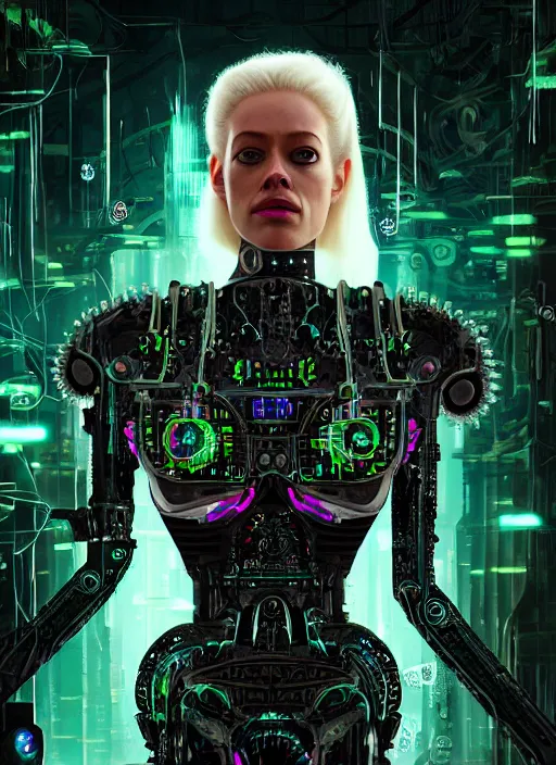 Prompt: 35mm portrait of a 7 of 9 borg with eye implant, on the background of a weird magical mechanical forest. Round gears visible inside her hear. Very detailed 8k. Fantasy cyberpunk horror. Sharp. Cinematic post-processing