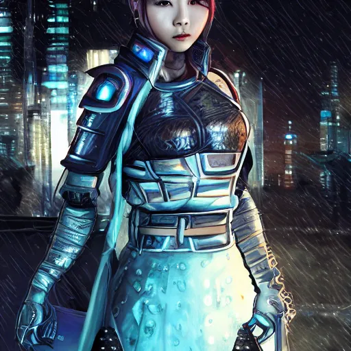 Image similar to An epic fantastic ultrarealism comic book style portrait painting of a female cyberpunk armor samurai, tzuyu from twice, blue and ice silver color armor, cyberpunk feel raining at tokyo rooftop, Concept world Art, unreal 5, DAZ, 8k, hyperrealistic, octane render, cosplay, RPG portrait, final fantasy artwork concept, dramatic lighting, rim lights