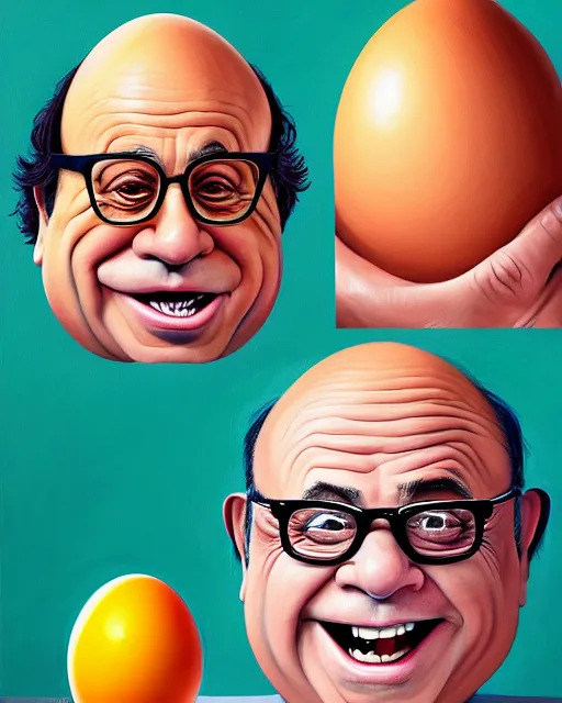 Image similar to painting portrait of danny devito as an egg, cartoon, warm lighting, danny devito has an egg body, movie poster, illustration by bartek fedyczak, erak note, tooth wu, neil richards, kan liu, siwoo kim, jisu choe, trending on art station