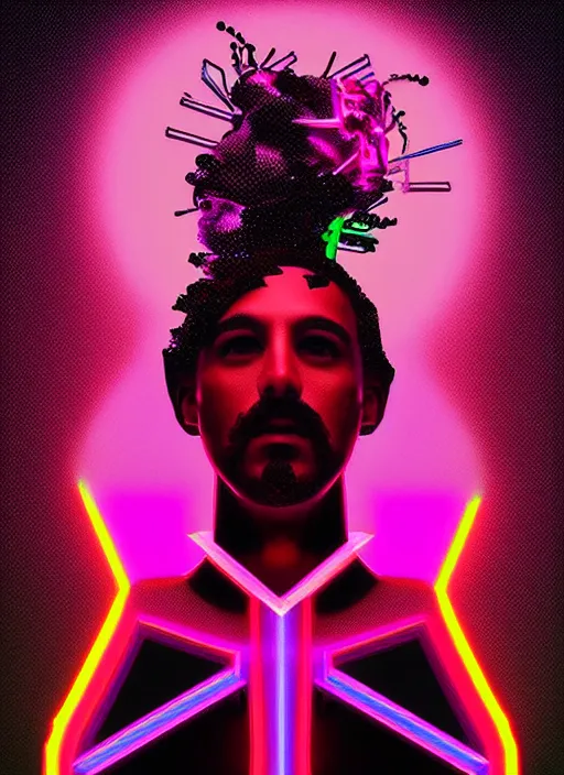 Image similar to portrait of dionysus, beeple, vaporwave, retrowave, black background, neon wiring, black, glitch, strong contrast, cuts, pinterest, trending on artstation