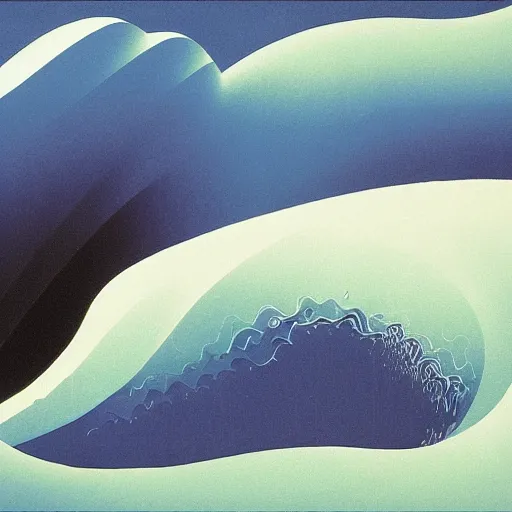 Image similar to a perspective view of waves crashing on the shore, by eyvind earle