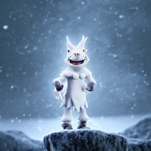 Prompt: white scaled kobold sorcerer standing in a blizzard, studio ghibli style, 4k