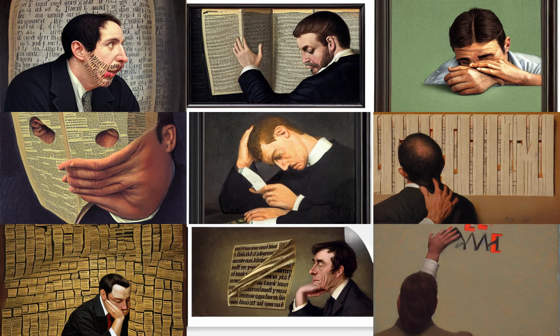 Prompt: A man clutching his head as information leaves it, words floating in midair, by Kenne Gregoire