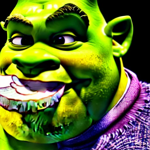 Prompt: a stock photo of shrek eating an onion, 8 k, ultra - realistic, white background, face cluse - up