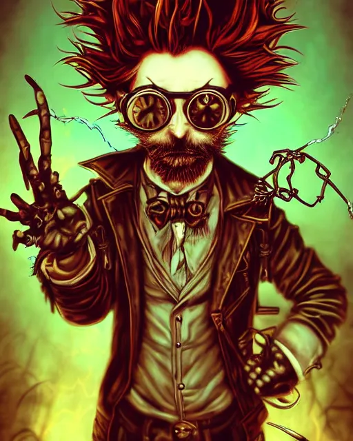 Prompt: Mad Scientist heimerdinger, frazzled electrical hair, steampunk fantasy portrait by dan mumford, anato finnstark, ross tran