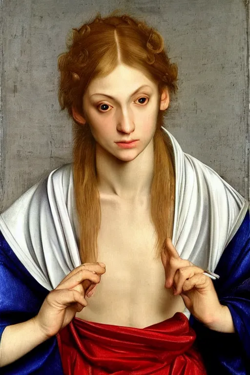 Image similar to hyper - realistic close - up portrait of a medieval blonde with a huge amount of color in the caravaggio style, pale skin, in a silver silk robe, blue palette