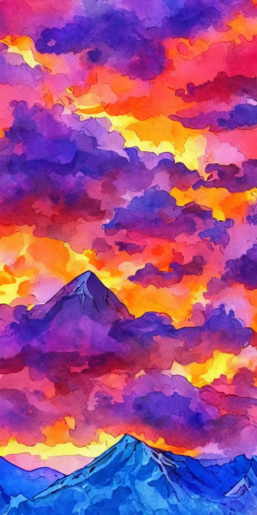 Image similar to high quality digital water color painting of idyllic vivid colorful orange purple red magical storm clouds above a mountain range