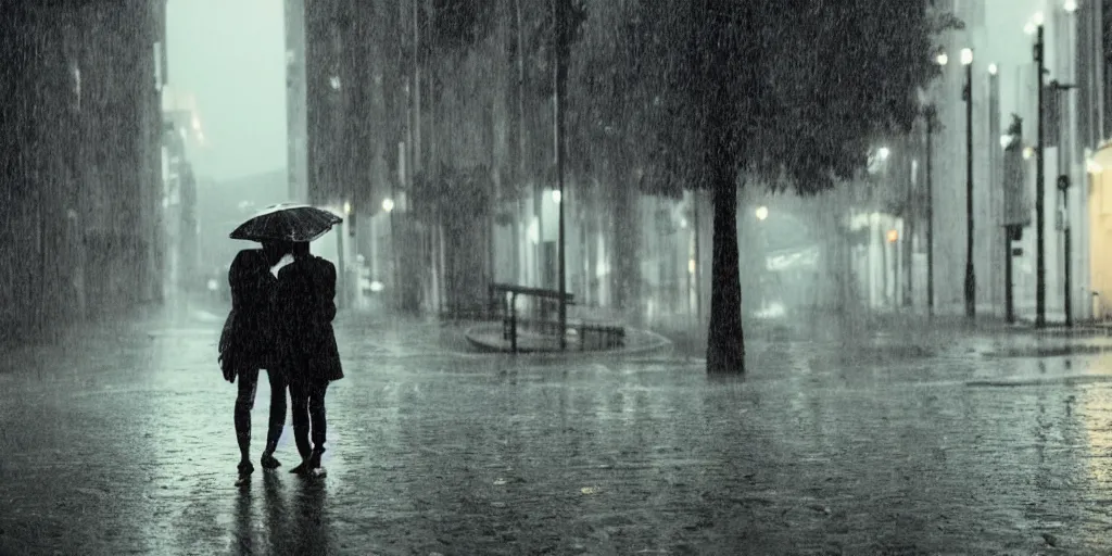 Image similar to lovers in the rain, moody light, empty street, full body