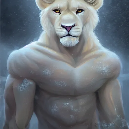 Image similar to aesthetic half body portrait commission of a albino male furry anthro lion wearing gym clothing at an athletic track during a storm, detailed face , hyperdetailed, snowy winter atmosphere. Character design by charlie bowater, ross tran, artgerm, and makoto shinkai, detailed, inked, western comic book art, 2021 award winning painting