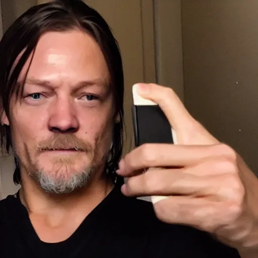 Prompt: Norman Reedus taking a selfie in the backrooms hallway, liminal space hallway, backrooms, selfie photo