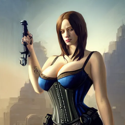 Image similar to highly detailed upper body portrait christina hendricks cyberpunk implants wearing a corset in gta v, stephen bliss, unreal engine, fantasy art by greg rutkowski, loish, rhads, ferdinand knab, makoto shinkai and lois van baarle, ilya kuvshinov, rossdraws, tom bagshaw, global illumination, radiant light, detailed and intricate environment