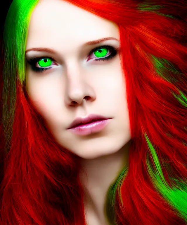 Prompt: Beautiful young woman, Fae, Fantasy, portrait, long red hair, green highlights