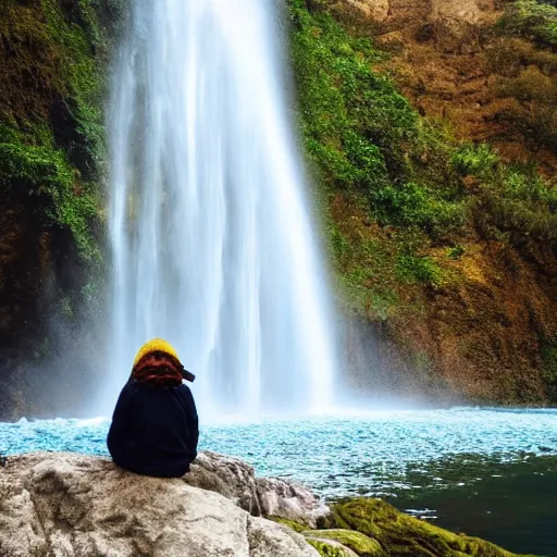 Prompt: a person in front of a beautiful waterfall