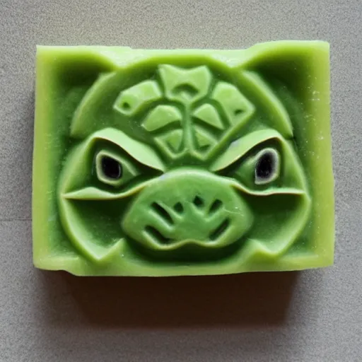 Image similar to bulbasaur carved out of lime green bar of soap