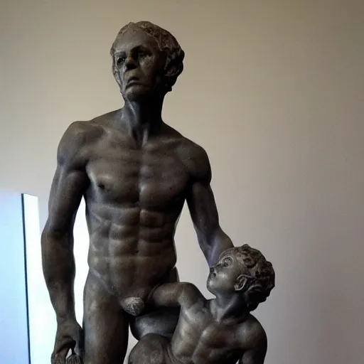 Image similar to statue of Saturno devorando a su hijo, sculpted by HR Geiger, Geiger art, extremely detailed, background is a low light museum, 4k