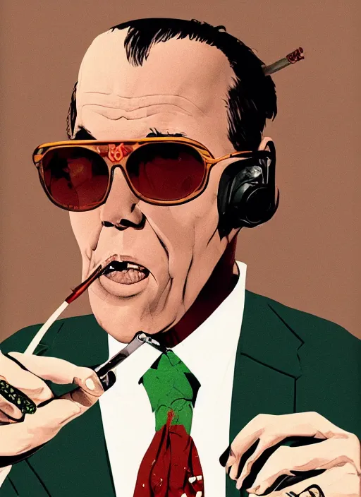 Prompt: Fear & Loathing in Las Vegas style movie poster artwork, Rendering of Hunter S Thompson talking on a rotary telephone at his desk late at night smoking a cigarette with a long filter and wearing a green accountants visor, clean, full of detail, Matte painting, trending on artstation and unreal engine