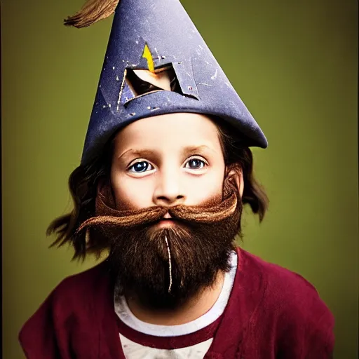 Prompt: photograph of a five year old boy wizard, beard, wizard hat by annie leibovitz, long hair