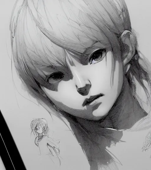 Prompt: portrait of anime girl, pen and ink, intricate line drawings, by craig mullins, ruan jia, kentaro miura, greg rutkowski, loundraw