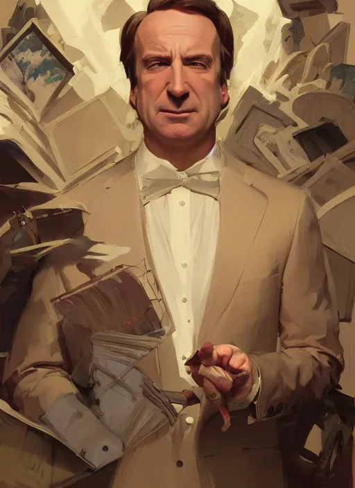 Image similar to portrait of saul goodman, lawyer clothing, painting by sargent and leyendecker, asymmetrical, intricate, elegant, matte painting, illustration,, by rhads, by greg rutkowski, by greg tocchini, by james gilleard, by joe fenton