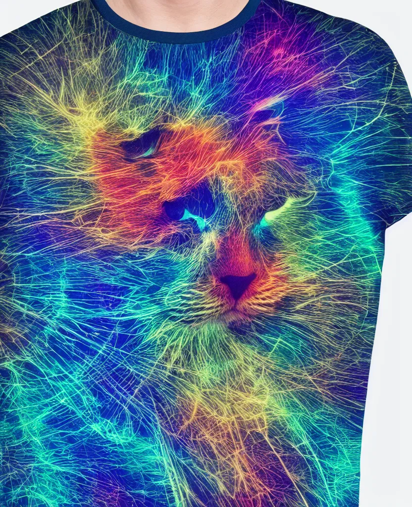 Prompt: highly detailed high resolution stacked plot of radio emissions from a pulsar, abstracted light refractions and stripy interference, making up a fluffy cat, silk screen t-shirt design in the style of FELIPE PANTONE 4K