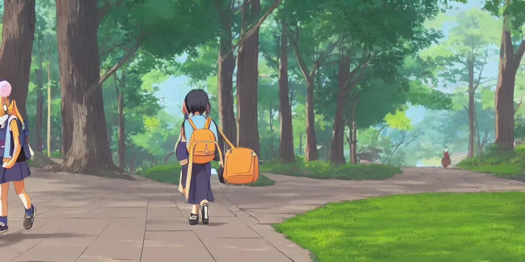 Prompt: schoolgirl with backpack walking home from school in a japanese suburb with high redwood trees. puddles after the rain. neo - georgian city blocks and stone brick retaining walls near the sidewalk. anime studio ghibli screenshot trending on artstation.