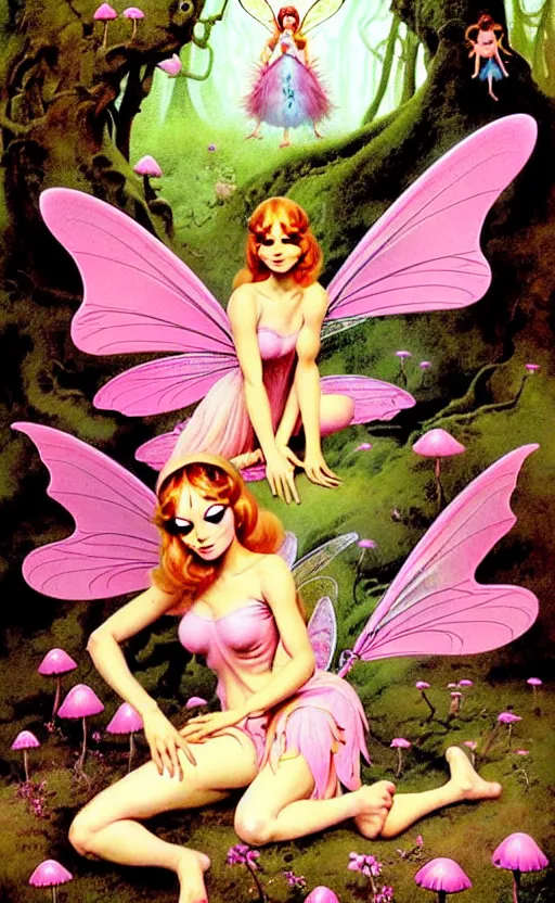 Prompt: fairies with detailed faces and true anatomy wearing pink clothes, enchanted forest, mushrooms on the ground, psychedelic, wide angle shot, white background, vector art, illustration by frank frazetta