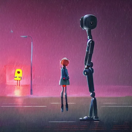 Prompt: a young girl and her tall humanoid robot going on a trip together, near a gas station, raining, detailed, cinematic, cinematic lighting, by Simon Stalenhag