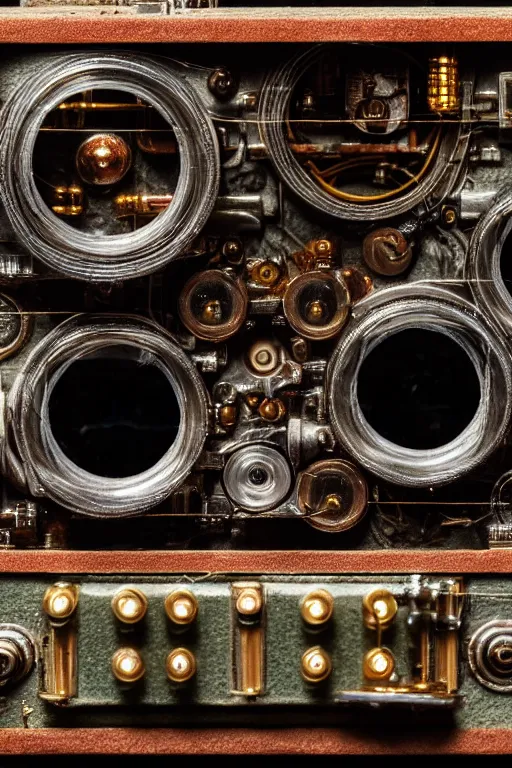 Prompt: A photo of a very old opened camera with vacuum tubes, capacitors and coils inside by Wes Anderson, grungy, weathered Ultra detailed, hyper realistic, 4k