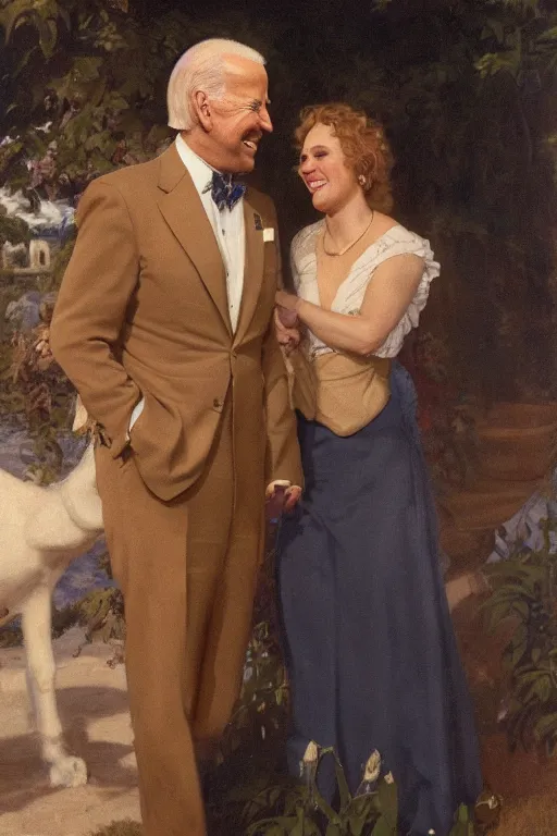 Image similar to smiling Joe Biden whispering in a frightened woman’s ear, golden hour, in a garden, artstation, by J. C. Leyendecker and Peter Paul Rubens,