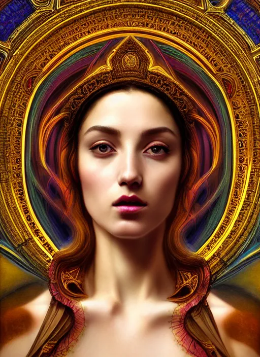 Image similar to portrait of a beautiful young goddess' face merging with a cathedral building, unusual beauty, etheric, outworldly colours, emotionally evoking symbolic metaphors, head in focus, fantasy, ornamental, intricate, elegant, highly detailed painting atyle photo, artstation, concept art, painterly, golden ratio, sharp focus, illustration, art by John William Godward and Zdzisław Beksiński, Antonio Mora,